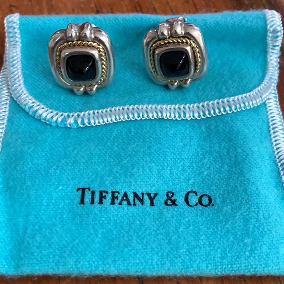 Authentic Tiffany, black onyx sterling silver with 18k gold roping post earrings - Picture 1 of 5